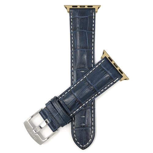 Bandini Extra Long Leather Watch Strap for Apple Watch Band 42mm (Series 11/10) /41mm / 40mm / 38mm, Series 11 10 9 8 7 6 5 & SE, Blue / White / Gold