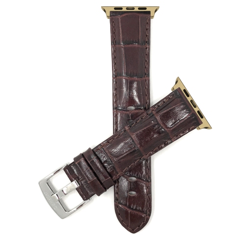 Bandini Leather Replacement Watch Strap for Apple Watch Band 42mm /41mm / 40mm / 38mm, Series 11 10 9 8 7 6 5 SE - Alligator Pattern - Brown / Gold