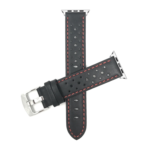 Bandini Leather Replacement Watch Strap for Apple Watch Band 42mm /41mm / 40mm / 38mm, Series 11 10 9 8 7 6 5 & SE - Rally - Black / Red / Silver