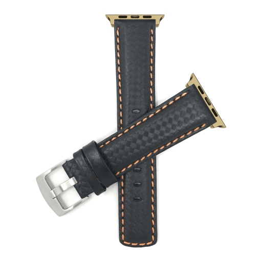 Bandini Leather Watch Strap for Apple Watch Band 42mm / 44mm, Series 6 5 4 3 2 1, Carbon Fiber, Black / Orange / Gold