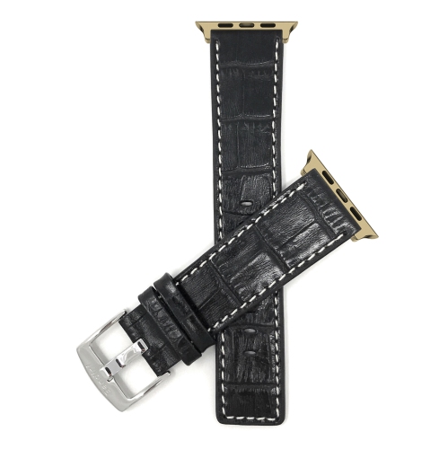Bandini Leather Replacement Watch Strap for Apple Watch Band 38mm / 40mm, Series 6 5 4 3 2 - Alligator Pattern - Black / Gold