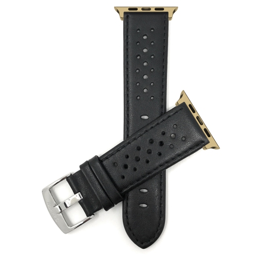 Bandini Leather Replacement Watch Strap for Apple Watch Band 42mm / 44mm, Series 6 5 4 3 2 1 - Vented Rally - Black / Gold