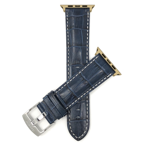 Bandini Leather Replacement Watch Strap for Apple Watch Band 42mm / 44mm, Series 6 5 4 3 2 - Alligator Pattern - Blue / Gold