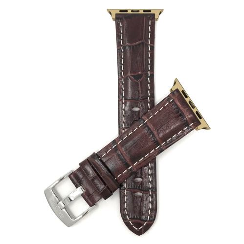Bandini Leather Replacement Watch Strap for Apple Watch Band 38mm / 40mm, Series 6 5 4 3 2 - Alligator Pattern - Brown / Gold