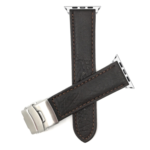 Bandini Leather Replacement Watch Strap for Apple Watch Band 42mm /41mm / 40mm / 38mm Series 11 10 9 8 7 6 5 SE - Deployment Clasp - Brown / Silver