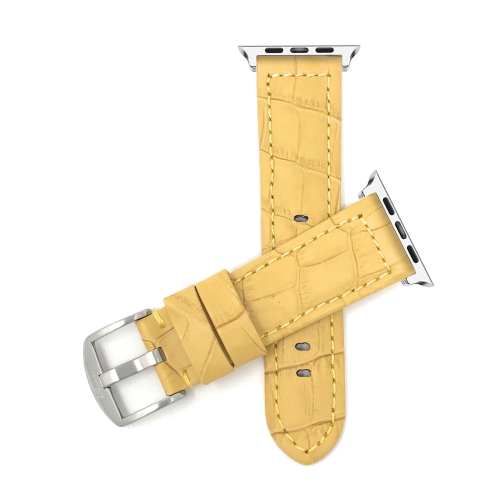 Bandini Leather Replacement Watch Strap for Apple Watch Band 42mm / 44mm, Series 6 5 4 3 2 - Alligator Pat - Yellow / Silver