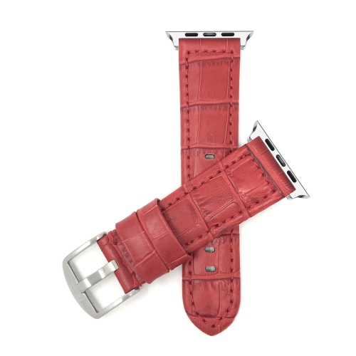 Bandini Leather Replacement Watch Strap for Apple Watch Band 38mm / 40mm, Series 6 5 4 3 2 - Alligator Pattern - Red / Silver