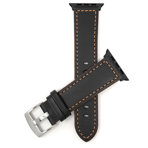 Bandini Extra Long Leather Watch Strap for Apple Watch Band 42mm (Series 10) /41mm / 40mm / 38mm, Series 10 9 8 7 6 5 4 3 SE, Racer, Black / Orange /