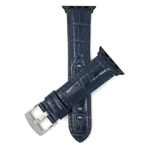 Bandini Leather Replacement Watch Strap for Apple Watch Band 42mm / 44mm, Series 6 5 4 3 2 - Alligator Pattern - Blue / Black