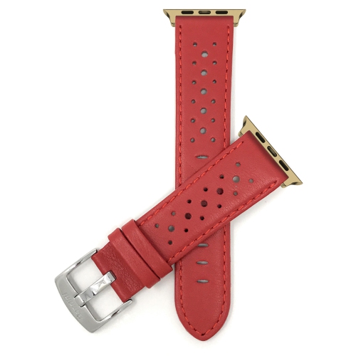 Bandini Leather Replacement Watch Strap for Apple Watch Band 38mm / 40mm, Series 6 5 4 3 2 1 - Vented Rally - Red / Gold