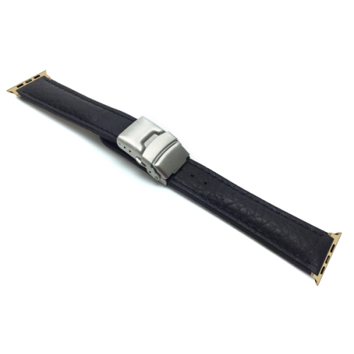 Bandini Leather Replacement Watch Strap for Apple Watch Band 42mm / 44mm, Series 6 5 4 3 2 - Deployment Clasp - Black / Gold