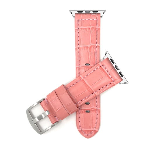 Bandini Leather Replacement Watch Strap for Apple Watch Band 42mm / 44mm Series 6 5 4 3 2 - Alligator Pattern - Pink / Silver