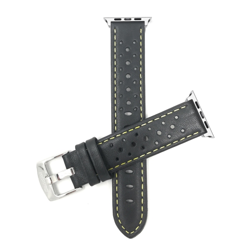 Bandini Leather Replacement Watch Strap for Apple Watch Band 41mm / 40mm / 38mm, Series 9 8 7 6 5 4 3 2 1 SE - Rally - Black / Yellow / Silver