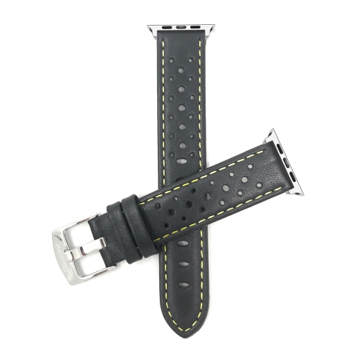 Bandini Leather Replacement Watch Strap for Apple Watch Band 38mm / 40mm, Series 6 5 4 3 2 - Rally - Black / Yellow / Silver