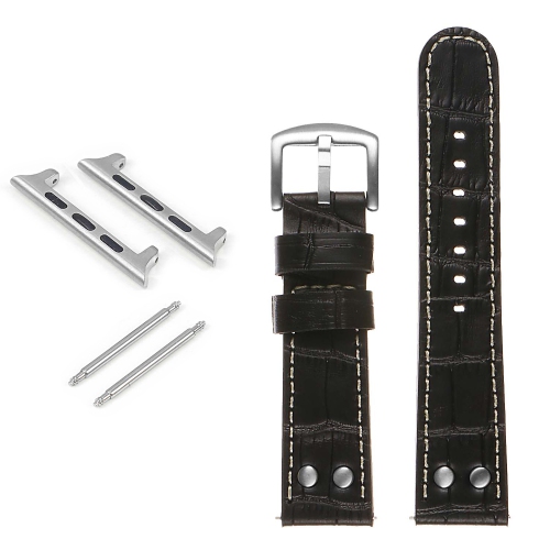 DASSARI Croc Embossed Leather Pilot Watch Band w/ Rivets for Apple Watch - 44mm - Black