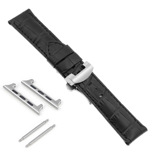 DASSARI  Croc Leather Strap W/ Silver Deployant Clasp for Apple Watch - 42MM - ( Stitching) In Black