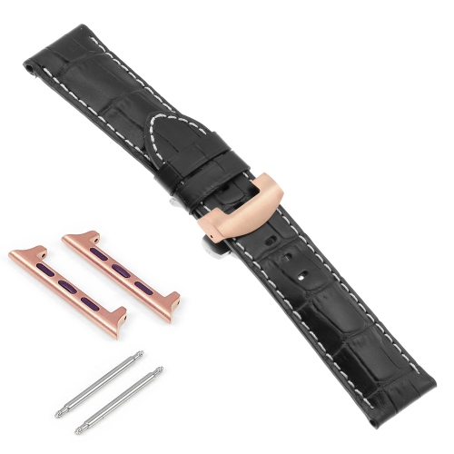 DASSARI Croc Leather Strap w/ Rose Gold Deployant Clasp for Apple Watch - 44mm - Black