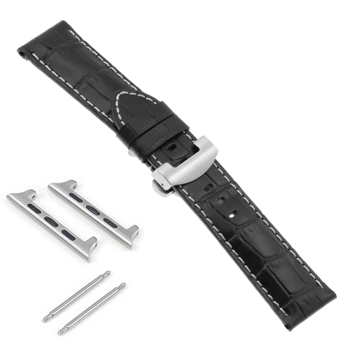 DASSARI Bracelet en cuir croco avec boucle déployante argentée pour Apple Watch - 44mm - Noir