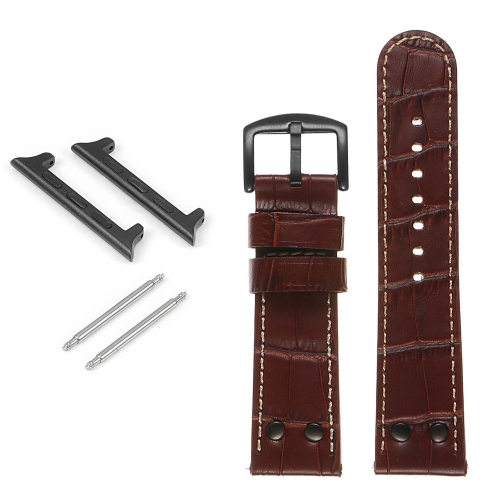 DASSARI  Croc Embossed Leather Pilot Watch Band W/ Matte Black Rivets for Apple Watch - 42MM - In Brown