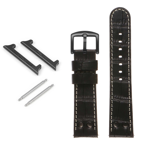 DASSARI Croc Embossed Leather Pilot Watch Band w/ Matte Black Rivets for Apple Watch - 44mm - Black