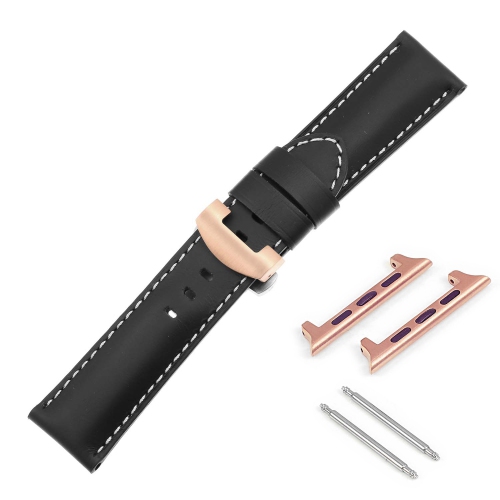 DASSARI Smooth Leather Strap w/ Rose Gold Deployant Clasp for Apple Watch - 42mm - Black