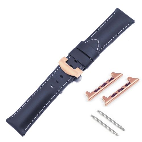 DASSARI Smooth Leather Strap w/ Rose Gold Deployant Clasp for Apple Watch - 42mm - Navy Blue