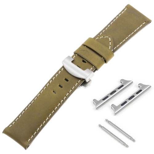 DASSARI Vintage Leather Strap w/ Silver Deployant Clasp for Apple Watch - 44mm - Khaki