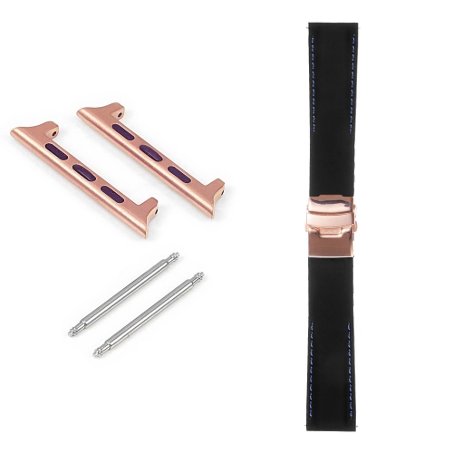 StrapsCo Bracelet en caoutchouc avec surpiqûres et fermoir en or rose pour Apple Watch - 40mm - Noir & Bleu
