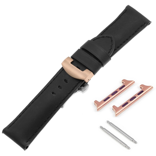 DASSARI  Vintage Leather Strap W/ Rose Gold Deployant Clasp for Apple Watch - 44MM - ( Stitching) In Black