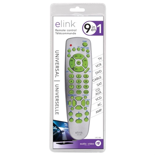 eLink URC-386 - 9-in-1 Universal Remote Control for TV, VCR, DVD, Cable, Satellite, CD/AUX, VCDE, Silver color