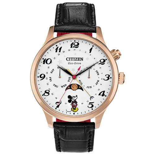 Citizen Mickey Mouse Moon Phase 43mm Men's Solar Powered Casual Watch - Black/White/Rose Gold