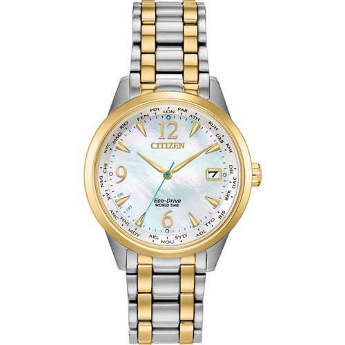 Citizen World Time Perpetual 36mm Women's Solar Casual Watch w/ Swarovski Crystals - Silver/Gold/White