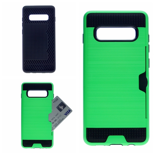 Brush Style Dual Layer w/Card Slot Armor Case For Samsung S10, Green