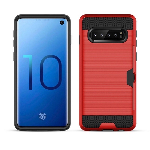 Brush Style Dual Layer w/Card Slot Armor Case For Samsung S10e, Red