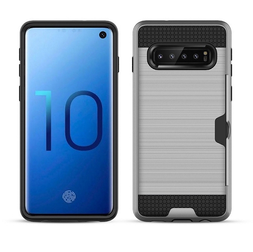 Brush Style Dual Layer w/Card Slot Armor Case For Samsung S10e, Silver