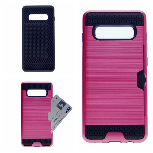 Brush Style Dual Layer w/Card Slot Armor Case For Samsung S10, Hot Pink