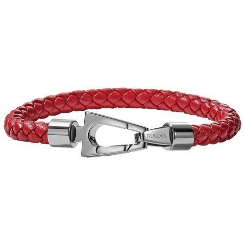 Bulova Braided Bracelet in Rich Red Leather/Stainless Steel - Large