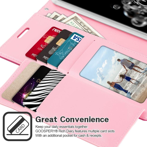 TopSave Goospery Rich MAX(6) Card Slot Leather Folio Wallet Flip Case For Samsung S20 Plus, Hot Pink