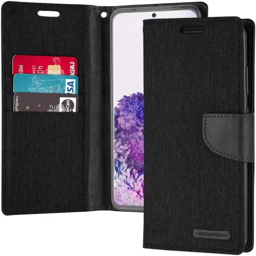 GOOSPERY  Topsave Canvas Card Holder Fabric Folio Wallet Flip Case for Samsung S20 In Black