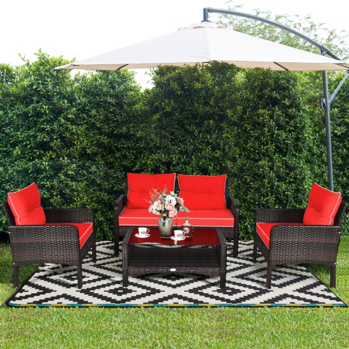Costway 4PCS Patio Rattan Furniture Set Loveseat Sofa Coffee Table Garden W/Red Cushion