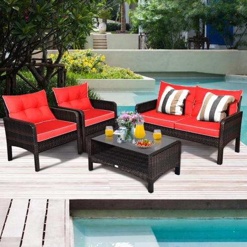 Costway 4PCS Patio Rattan Furniture Set Loveseat Sofa Coffee Table Garden W/Red Cushion