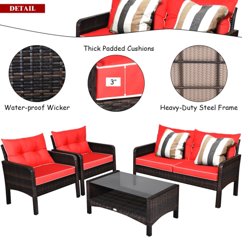 Costway 4PCS Patio Rattan Furniture Set Loveseat Sofa Coffee Table Garden W/Red Cushion