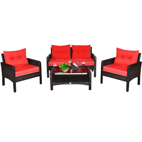 Costway 4PCS Patio Rattan Furniture Set Loveseat Sofa Coffee Table Garden W/Red Cushion