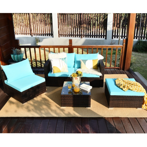 Costway 5PCS Patio Rattan Furniture Set Sectional Conversation Sofa w/ Coffee Table