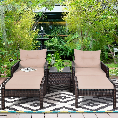 Costway 5 PCS Patio Rattan Wicker Furniture Set Sofa Ottoman Coffee Table Cushioned Yard