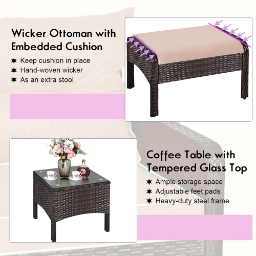 Costway 5 PCS Patio Rattan Wicker Furniture Set Sofa Ottoman Coffee Table Cushioned Yard