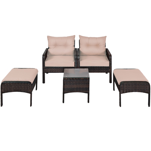 Costway 5 PCS Patio Rattan Wicker Furniture Set Sofa Ottoman Coffee Table Cushioned Yard
