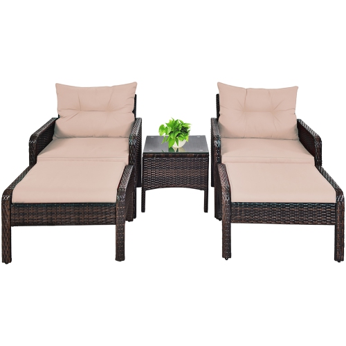 Costway 5 PCS Patio Rattan Wicker Furniture Set Sofa Ottoman Coffee Table Cushioned Yard
