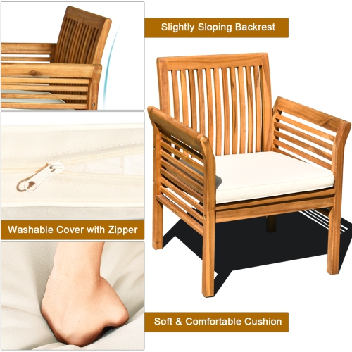 Costway 4 PCS Outdoor Acacia Wood Sofa Furniture Set Cushioned Chair Coffee Table Garden