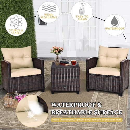 Costway 3PCS Patio Rattan Furniture Set Cushioned Conversation Set Sofa